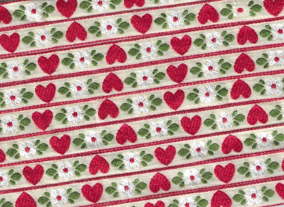 HEARTS/FLOWERS B-17-C Jacquard Ribbon Cotton Trim 1/2" wide (13mm) Made in Germany, Ivory w/Red Hearts, White Flowers & Olive Green Leaves