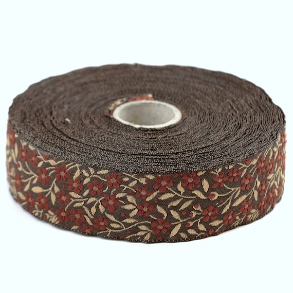 KAFKA F-01/28 Jacquard Ribbon Woven Organic Cotton Trim 1" wide (25mm) Brown w/Fawn & Beige Forget-Me-Nots, Beige Leaves