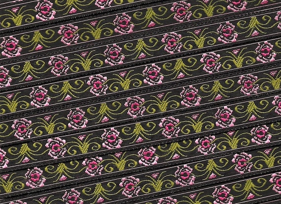 FLORAL B-28-E Jacquard Ribbon Polyester Trim 1/2" wide (13mm) Black Background w/Variegated Pink Flowers, Olive Green Leaves, Per Yard