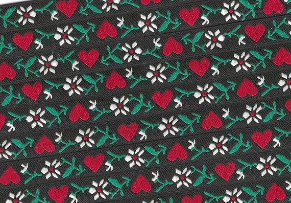 HEARTS/FLOWERS B-05-A Jacquard Ribbon Poly Trim 1/2" wide (13mm) Black Background w/Red Hearts, White Flowers, Green Leaves, REMNANT