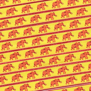 ANIMALES/Vida salvaje A-01-F Cinta de jacquard con ribete de poliéster de 3/8" de ancho (9 mm) VINTAGE Fabricada en Francia Elefantes naranjas Detalles rojos sobre amarillo
