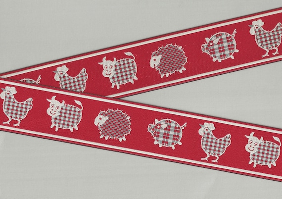 ANIMALS/Farm J-01-A Jacquard Ribbon Poly Trim 1-7/8" wide (48mm) VINTAGE Red w/Cows, Sheep, Pigs, Chickens in Beige, Gray & Red