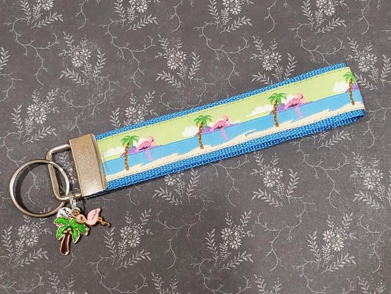 Jacquard Ribbon/Nylon Web 1" wide (25mm) Key Fob Turquoise Web w/Pink Flamingos & Palm Trees w/Charms, Wristlet, Luggage Tags 5.5" long