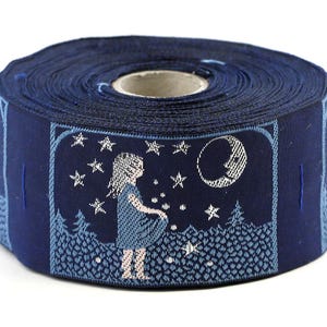 KAFKA H-09/01 Jacquard Ribbon Woven Organic Cotton Trim 1-5/8&quot; wide (42mm) &quot;Starcatcher&quot; Girl w/Apron, Navy Blue w/Silver Stars & Moon