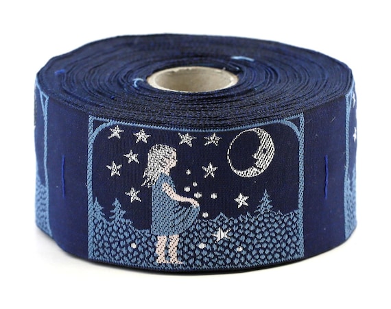 KAFKA H-09/01 Jacquard Ribbon Woven Organic Cotton Trim 1-5/8" wide (42mm) "Starcatcher" Girl w/Apron, Navy Blue w/Silver Stars & Moon