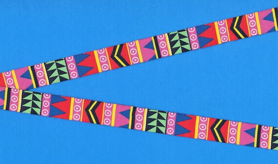 GEOMETRIC C-14-A Jacquard Ribbon Poly Trim 5/8"Wide (16mm) Bright Pink, Red, Blue, Lime, Navy, White & Yellow Multi Shapes, Per Yard