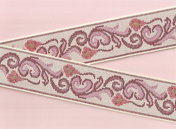 FLORAL TAPESTRY M-15-D Jacquard Ribbon Cotton Trim, 2-5/8" Wide (67mm) Ivory w/Magenta, Pink, Red, Olive Flowers & Scrolls