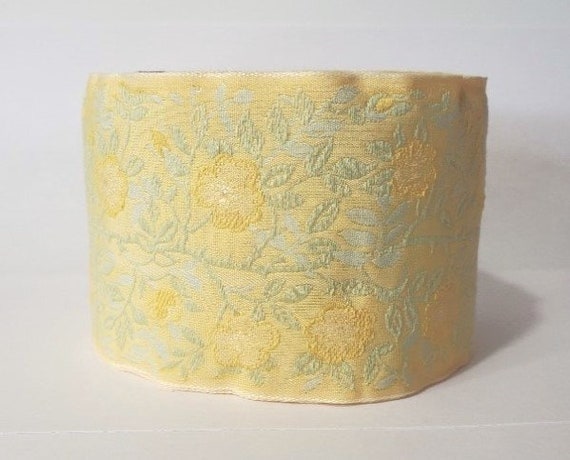 KAFKA L-01/SF22 Jacquard Ribbon Woven Organic Cotton Trim 2-3/8" wide (60mm) Yellow w/Yellow & Iridescent Wild Roses, Lt. Green Leaves