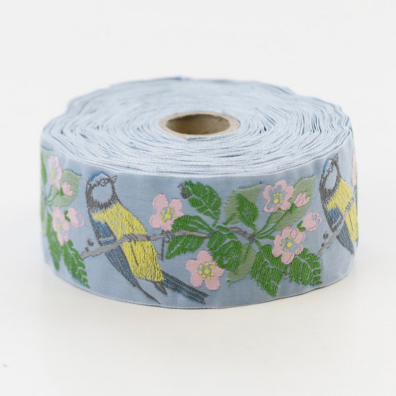 KAFKA H-12/05 Jacquard Ribbon Woven Organic Cotton Trim 1-1/2" wide (40mm) Blue w/Blue & Yellow Titmouse, Pink Blossoms Leaves