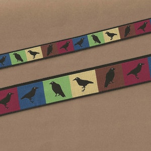 ANIMAIS/Pássaros RDS 21-C Fita Jacquard Poliéster, Padrão de Blocos Multicoloridos "Corvos de Outono" em Tons Quentes de Outono, Escolha Largura/Comprimento