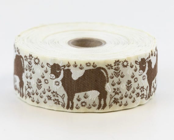 KAFKA G-17/04 Jacquard Ribbon Organic Cotton Trim 1-1/4" wide (32mm) Beige w/Brown & White Cows, White Horns, Brown/White Flowers