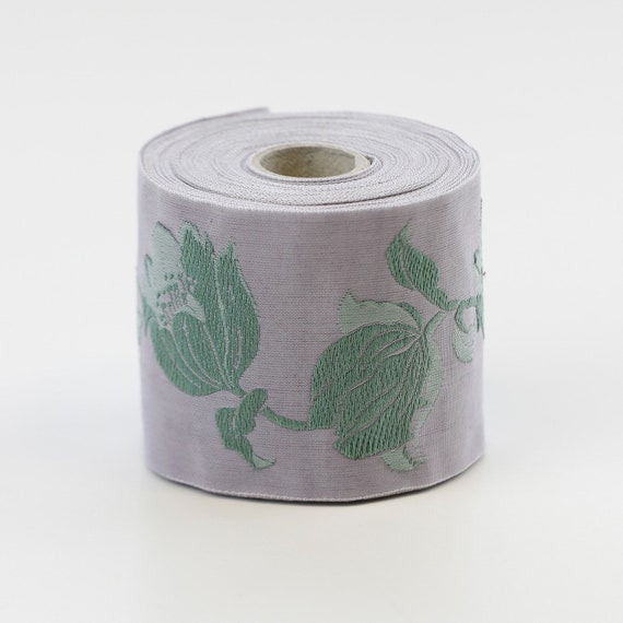 KAFKA L-06/25 Jacquard Ribbon Woven Organic Cotton Trim 2-3/8" wide (60mm) Lilac Background w/Large Green Tulips/Lt Green Leaves