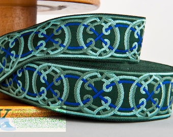 KAFKA G-11/44 Jacquard Ribbon Woven Organic Cotton Trim 1-1/4" wide (32mm) Green w/Royal Blue, Mint & Sage Green Celtic Circles