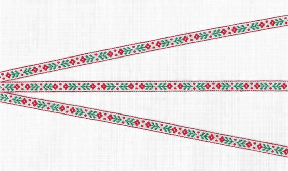 CHRISTMAS/HOLIDAY A-09 Jacquard Ribbon Cotton Trim, 1/4" Wide (6mm) RARE, Red Borders w/Red Flowers & Dots, Green Leaves on White, Per Yard