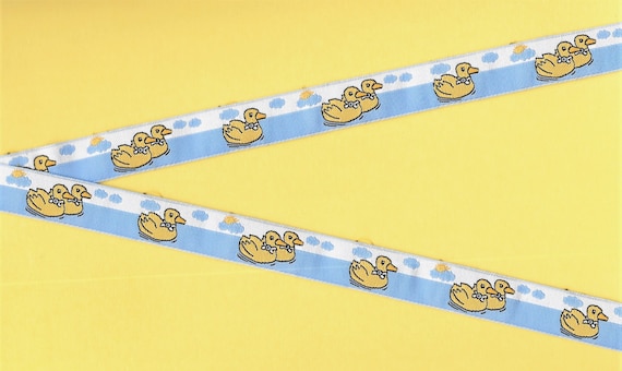 CHILDREN's C-07-B Jacquard Ribbon Polyester Trim 5/8" wide (16mm) RARE, Blue & White Background w/Swimming Yellow Rubber Ducks