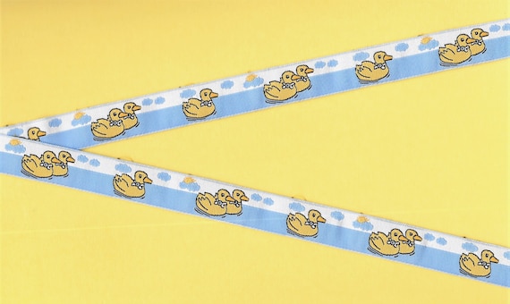 CHILDREN's C-07-B Jacquard Ribbon Polyester Trim 5/8" wide (16mm) Blue & White Background w/Swimming Yellow Rubber Ducks