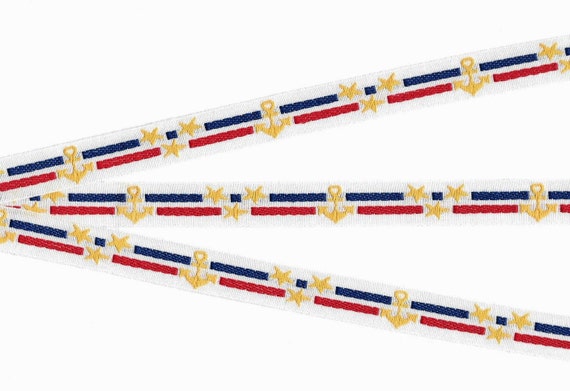 SPORTS/Nautical C-06-B Jacquard Ribbon Cotton Trim, 5/8" Wide (16mm) Made in France, White w/Red & Navy Stripes, Anchors/Stars, Per Yard