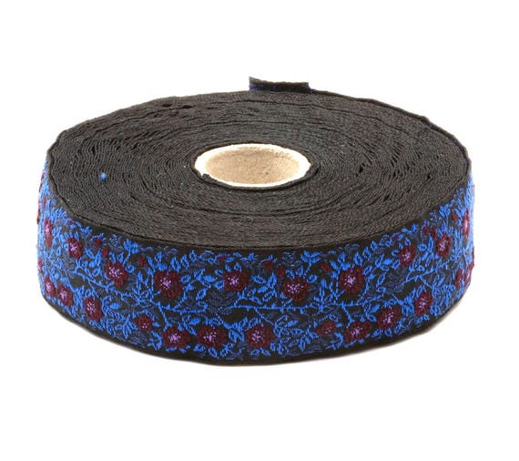KAFKA F-02/46 Jacquard Ribbon Woven Organic Cotton Trim 1" wide (25mm) Black Background w/Purple & Lilac Dog Roses, 2-Tone Blue Leaves