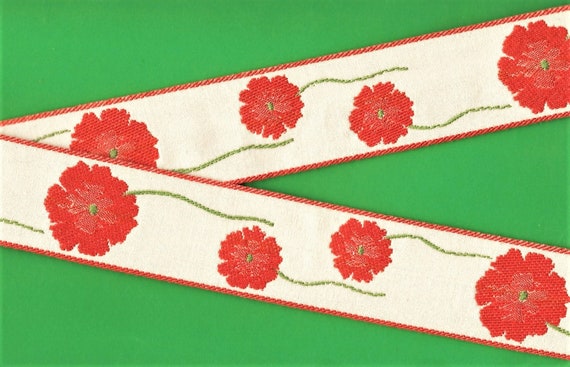 FLORAL H-23 Jacquard Ribbon Cotton Trim, 1-1/2" Wide (38mm) White Background with Variegated Red Poppies & Green Vines