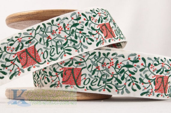 KAFKA H-03/N-04 Jacquard Ribbon Woven Organic Cotton Trim 1-1/2" wide (38mm) "NOEL" Off- White w/Green Mistletoe & Red Berries