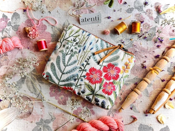 ATENTI "WILDFLOWERS" Embroidered Canvas Needle Arts/Knitting Accessory Pouch, Handmade USA