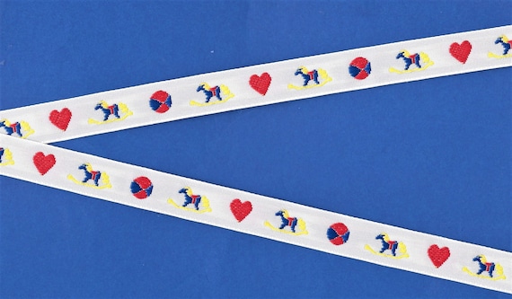 CHILDREN's C-12-A Jacquard Ribbon Poly Trim, 5/8" Wide (16mm) White with Blue/Yellow Rocking Horses, Red Hearts & Red/Blue Balls