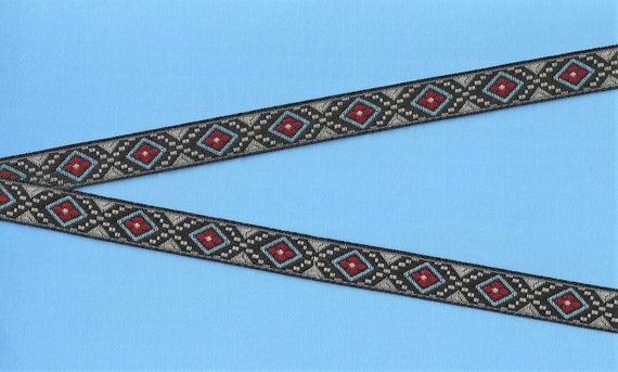 NATIVE AMERICAN B-07-A Jacquard Ribbon Poly Trim 9/16" wide (14mm) Blue, Gray & Red Diamond Aztec Tribal Design on Black