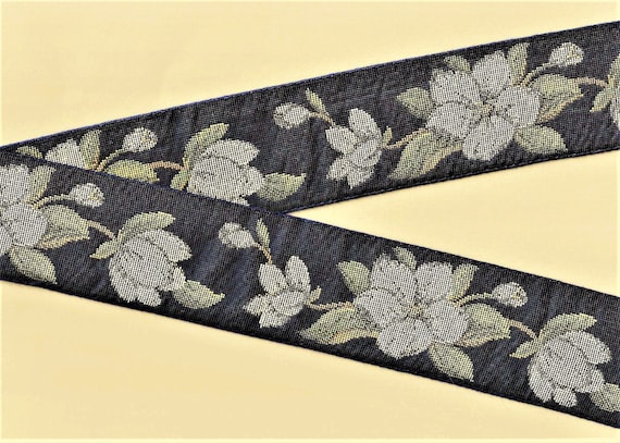 FLORAL TAPESTRY L-03-B Jacquard Ribbon Cotton Trim, 2-1/8" Wide (57mm) VINTAGE, Gray Magnolias w/Metallic Gold Accents on Navy, Remnants