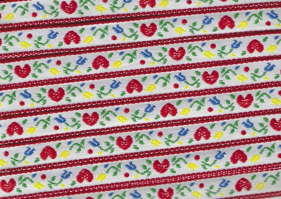 HEARTS/FLOWERS B-25-C Jacquard Ribbon Woven Poly Trim 1/2" wide (13mm) White Background w/Red Hearts, Blue & Yellow Flowers, Green Leaves