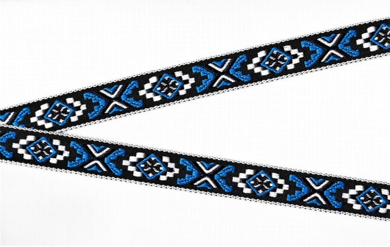 NATIVE AMERICAN E-01-E Jacquard Ribbon Polyester Trim, 7/8" Wide (22mm) Black w/White Border, Navy, Royal Blue & White "X" Pattern