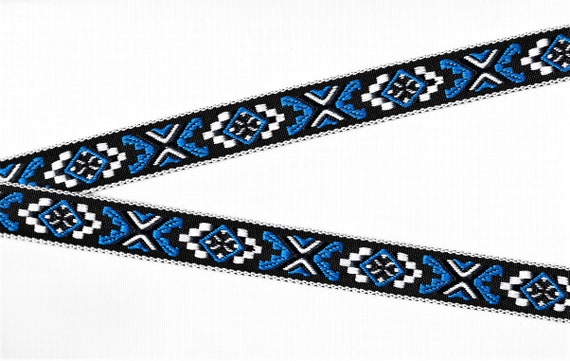 NATIVE AMERICAN E-01-E Jacquard Ribbon Polyester Trim, 7/8" Wide (22mm) Black w/White Border, Navy, Royal Blue & White "X" Pattern, Per Yard