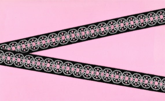 GEOMETRIC D-12-A Jacquard Ribbon Cotton Trim, 3/4" Wide (20mm) VINTAGE, Black Background w/Gray Curlicues and Pink Dots