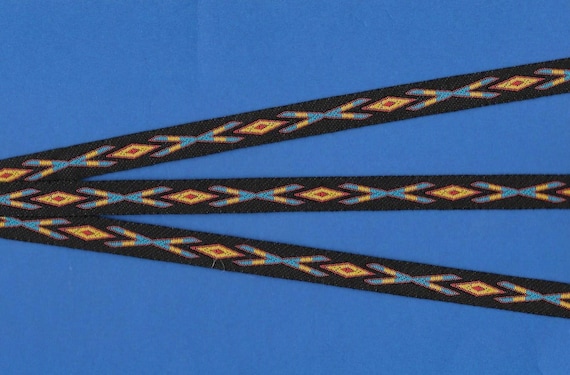 NATIVE AMERICAN A-10-A Jacquard Ribbon Polyester Trim 7/16" wide (12mm) Black w/Yellow, Turquoise & Red Diamond/Arrow Design