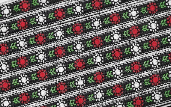 FLORAL A-15-H Jacquard Ribbon Poly Blend Trim 7/16" wide Black Background w/White Border, Red & White Flowers, Green Leaves, Per Yard