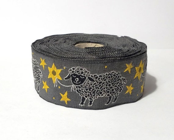 KAFKA G-12/06 Jacquard Ribbon Woven Organic Cotton Trim 1-1/4" wide (32mm) Gray Background w/Smiling Black & White Sheep, Yellow Stars