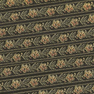 Nastro jacquard FLORAL B-12-i in poliestere, larghezza 1/2" (13 mm), prodotto in Francia, nero con fiori beige variegati e viticci verde oliva