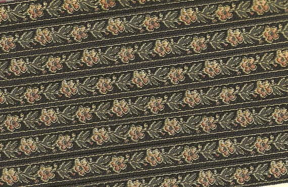 FLORAL B-12-i Jacquard Ribbon Polyester Trim 1/2" wide (13mm) Made in France, Black w/Variegated Beige Flowers & Olive Green Vines