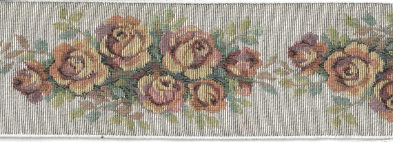 FLORAL TAPESTRY N-03-F Jacquard Ribbon Cotton Trim 3-3/4"wide (95mm) Victorian, Gray w/Yellow, Pink & Orange Roses, Green Leaves