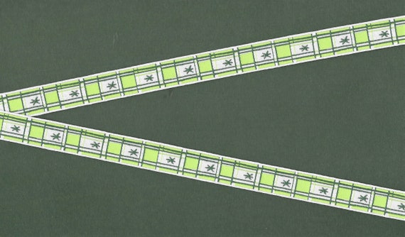 GEOMETRIC C-24-B Jacquard Ribbon Poly Trim, 5/8" Wide (16mm) Lime, Green & White Block Pattern w/Star Design, Length Options