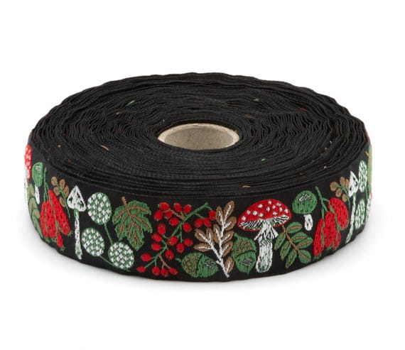 KAFKA F-19/06 Jacquard Ribbon Woven Organic Cotton Trim 1" wide (25mm) NEW! Black Background w/Toadstools, Leaves & Autumn Fruits