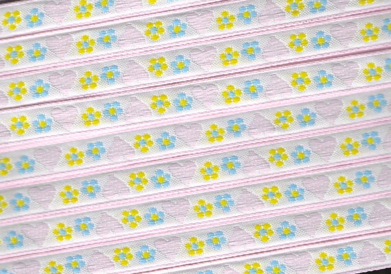 HEARTS/FLOWERS A-05-C Jacquard Ribbon Cotton/Poly Trim 7/16" Wide (10mm) White Background w/Pastel Pink Hearts, Turquoise  & Yellow Daisies