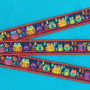 ANIMAIS/Pássaros E-05-A Fita Jacquard de Poliéster com 22 mm de largura (7/8") Odile Bailloeul Happy Bright Design "Corujas da Floresta Azul Meia-Noite" DESCONTINUADO