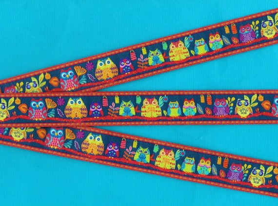 ANIMALS/Birds E-05-A Jacquard Ribbon Poly Trim 7/8" wide (22mm) Odile Bailloeul Happy Bright Design "Midnight Blue Forest Owls"