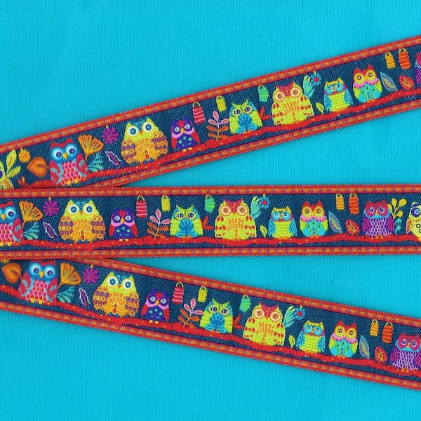 ANIMALS/Birds E-05-A Jacquard Ribbon Poly Trim 7/8" wide (22mm) Odile Bailloeul Happy Bright Design "Midnight Blue Forest Owls"