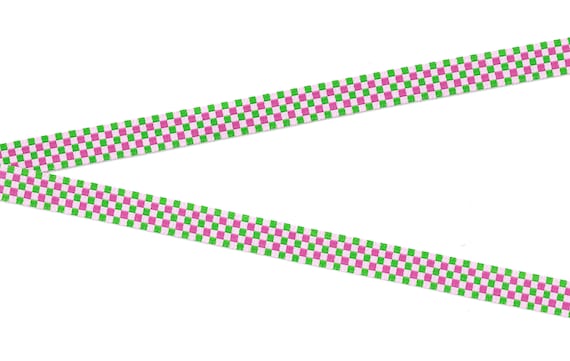 CHECKS B-03-A Jacquard Ribbon Poly Trim 1/2" Wide (13mm) Douglas Paquette, Check Gingham Pattern in Lt Pink, Hot Pink & Green