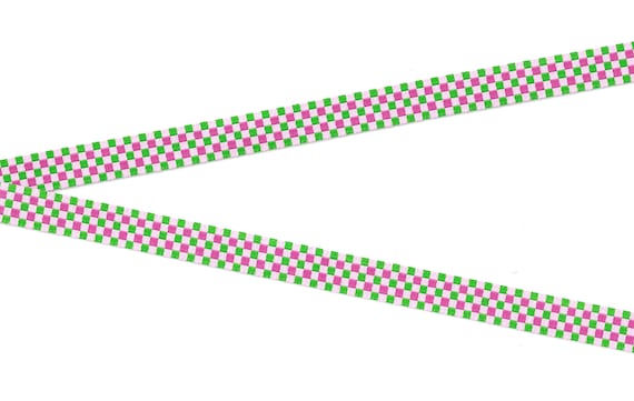 CHECKS B-03-A Jacquard Ribbon Poly Trim 1/2" Wide (13mm) Douglas Paquette, Check Gingham Pattern in Lt Pink, Hot Pink & Green