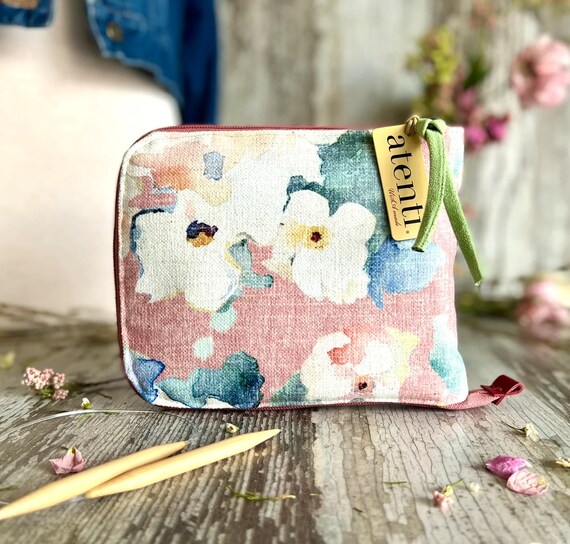 ATENTI Handmade Bags "LILLIAN" Watercolor Pastel Floral Design, Circular Case Pouch, Needle Arts/Knitting Bag, USA Made