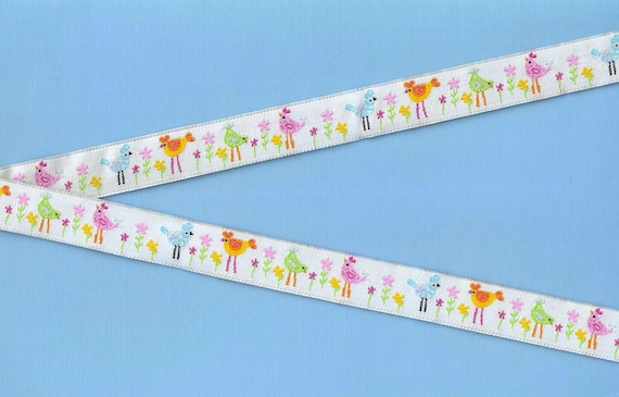 ANIMALS/Birds C-14-B Jacquard Ribbon Poly Trim 5/8" wide (16mm) Lt Blue Background w/Pink, Blue, Green, Orange Chickens & Flowers