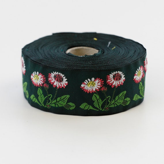 KAFKA G-04/06 Jacquard Ribbon Woven Organic Cotton Trim 1-1/4" wide (32mm) Green w/White & Pink Daisies Yellow Accents Green Leaves