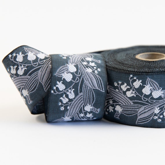 KAFKA H-02/18 Jacquard Ribbon Woven Organic Cotton Trim 1-1/2" wide (38mm) Gray w/White Lilies of the Valley, Lt Gray Leaves